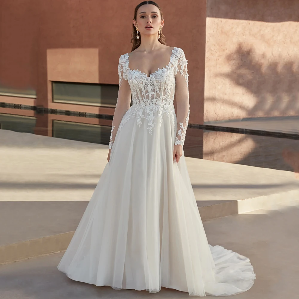 

Tulle Applique Wedding Dress Illusion Long Sleeves A-Line Floor Length Bridal Sexy Open Back Lace Up Sweep Train Gowns Robe