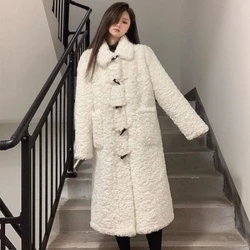 여성용 따뜻한 스탠드업 칼라 모조 토끼 플리스, 황소 뿔, 단추 모피 코트, 긴 머리, 무릎 오버 코트, 신상