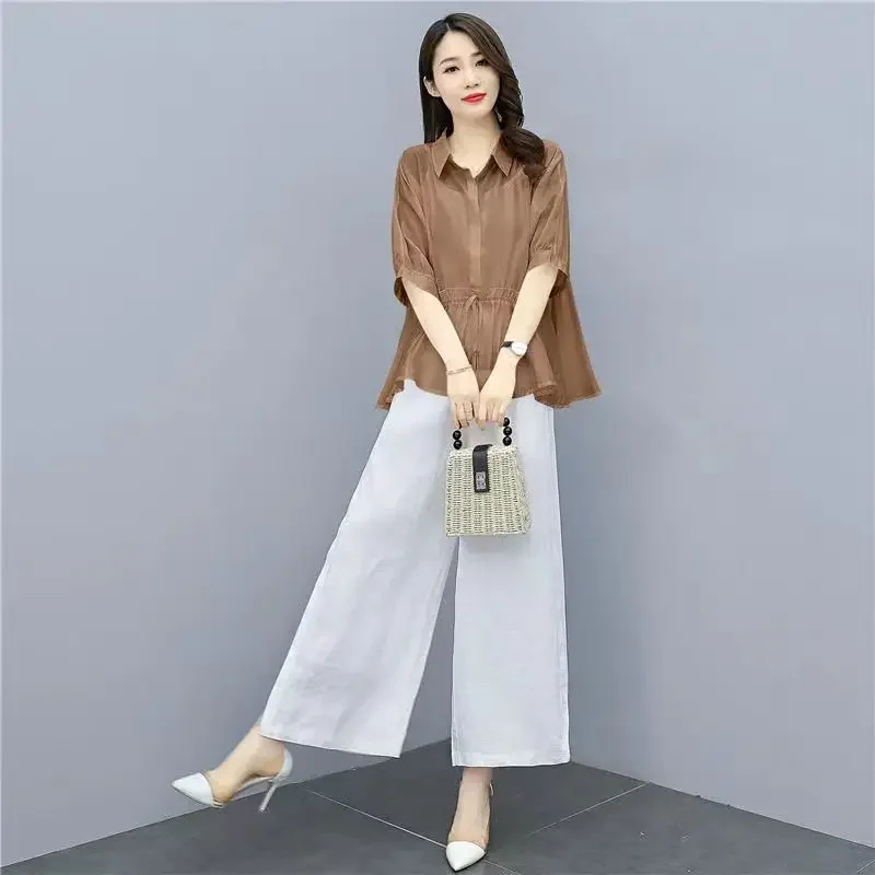 

Льняные женские брюки, комплект из двух предметов, одежда с рукавами, тренд 202, верх и низ, эстетичные стильные широкие женские брюки