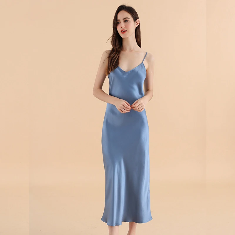 New Arrivals 25 Momme 100% Silk Satin Women Long Nightgown Solid Color Elegant Party Nightdress Slips Trim Nightie sp0184