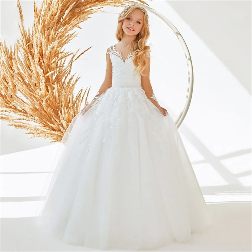 

White Flower Girl Dresses legent V-neck Lace Long Sleeves Lace First Communion Gown Formal Birthday Party Dress