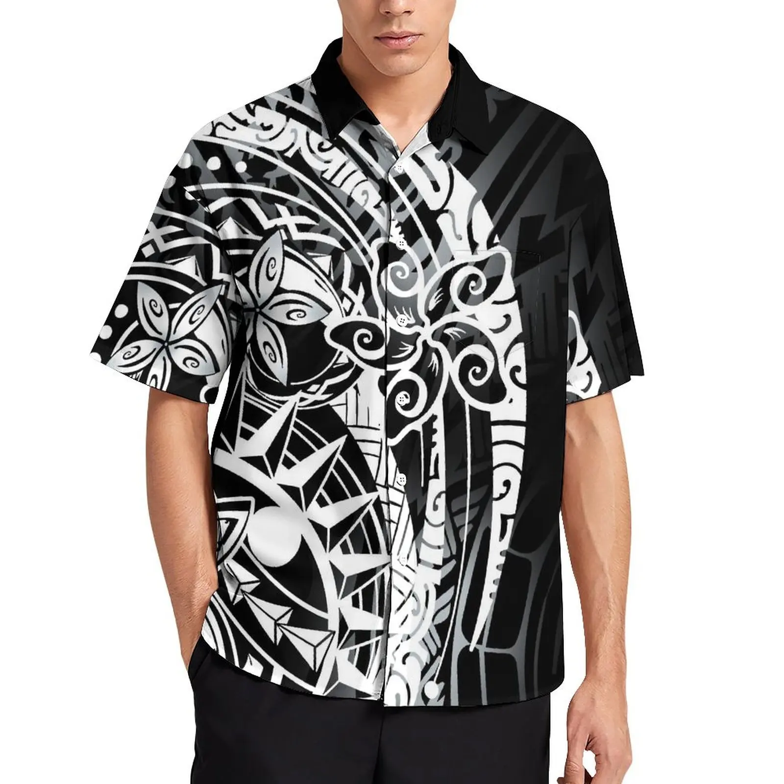 

Men'S Summer Short Sleeve Button-Down Shirt Polynesian Men'S Shirt Hawaiian Island Tribal Ethnic Style Samoa