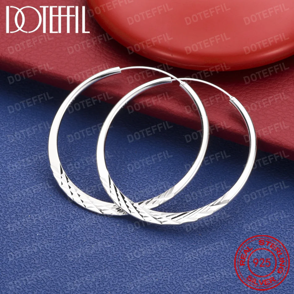 925 Sterling Silver 40/45/50mm Delicate Flat Round Earrings for Women, Fashionable Wedding Jewelry, Party Gifts