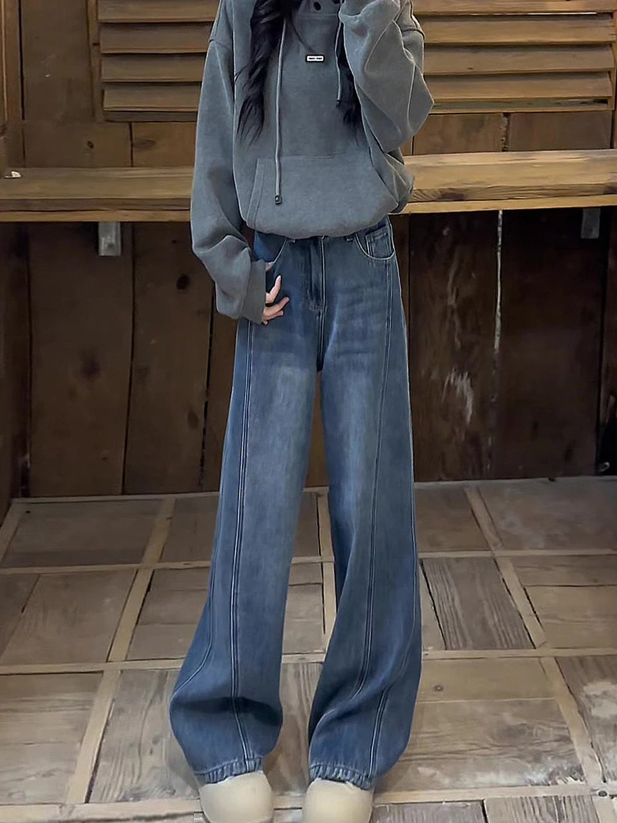 

Retro High Waist Wide Leg Denim Pants Women's Fce Spring New Drapey Loose Slimming Pants Long Trousers
