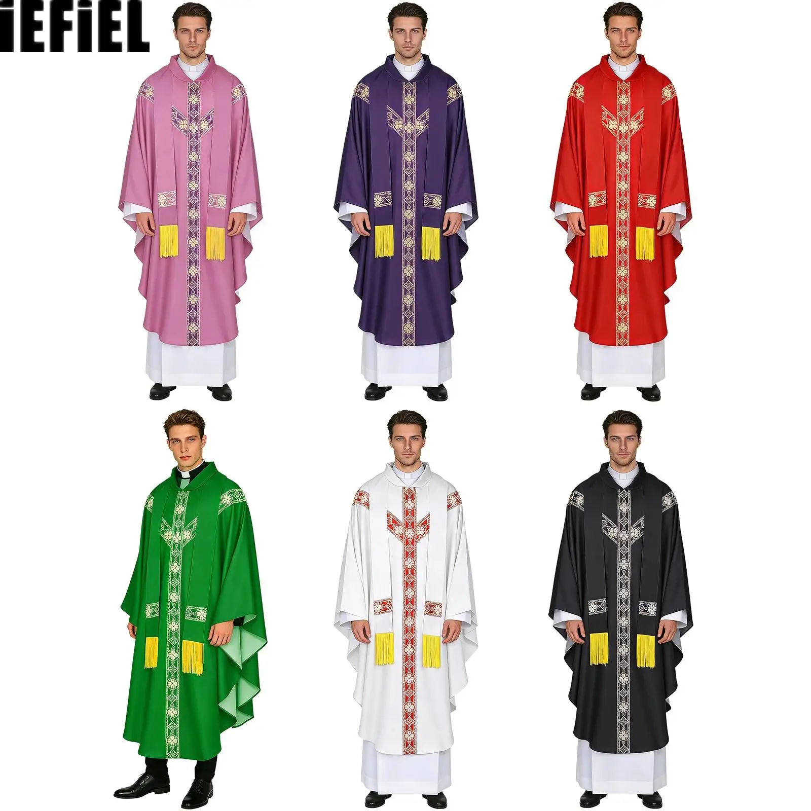 

Mens Floral Print Robe Church Priest Robe Long Sleeve Clergy Robe with Tassel Stole for Halloween Cosplay Stage Performance