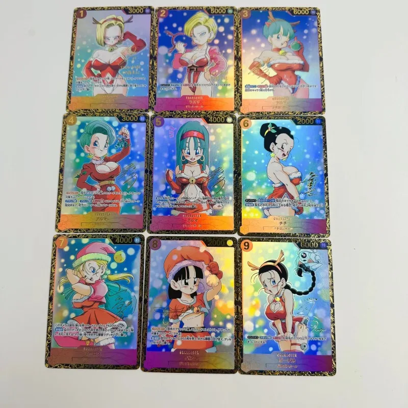 9pcs/set Dragon Ball Christmas Bulla Android 18 Chichi self made Refraction flash card Anime Classics Game Collection Cards Toy