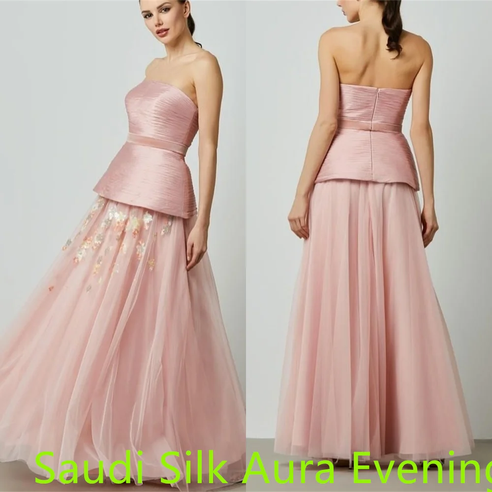 فستان جيرسي وردي مخصص لحفلات العودة للوطن أنيق بدون حمالات وحزام (زنانير) متدرج مزين بسحاب خلفي مخصص للحفلات D #4