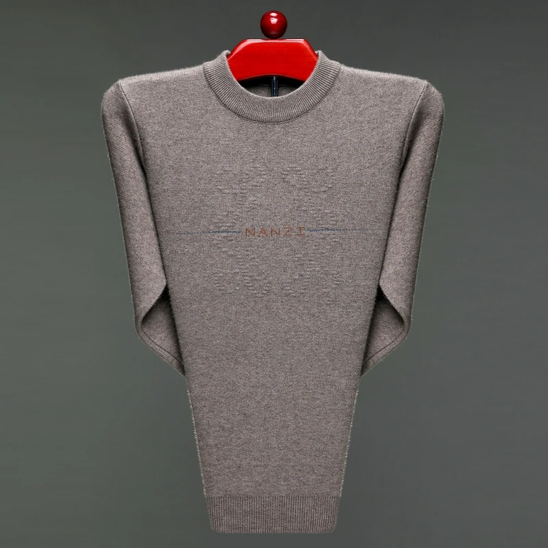 Men's Winter Plush and Thick Solid Color Letter Jacquard Weave Round Neck Long Sleeved Slim Fitting Daily Casual Warm Pullover