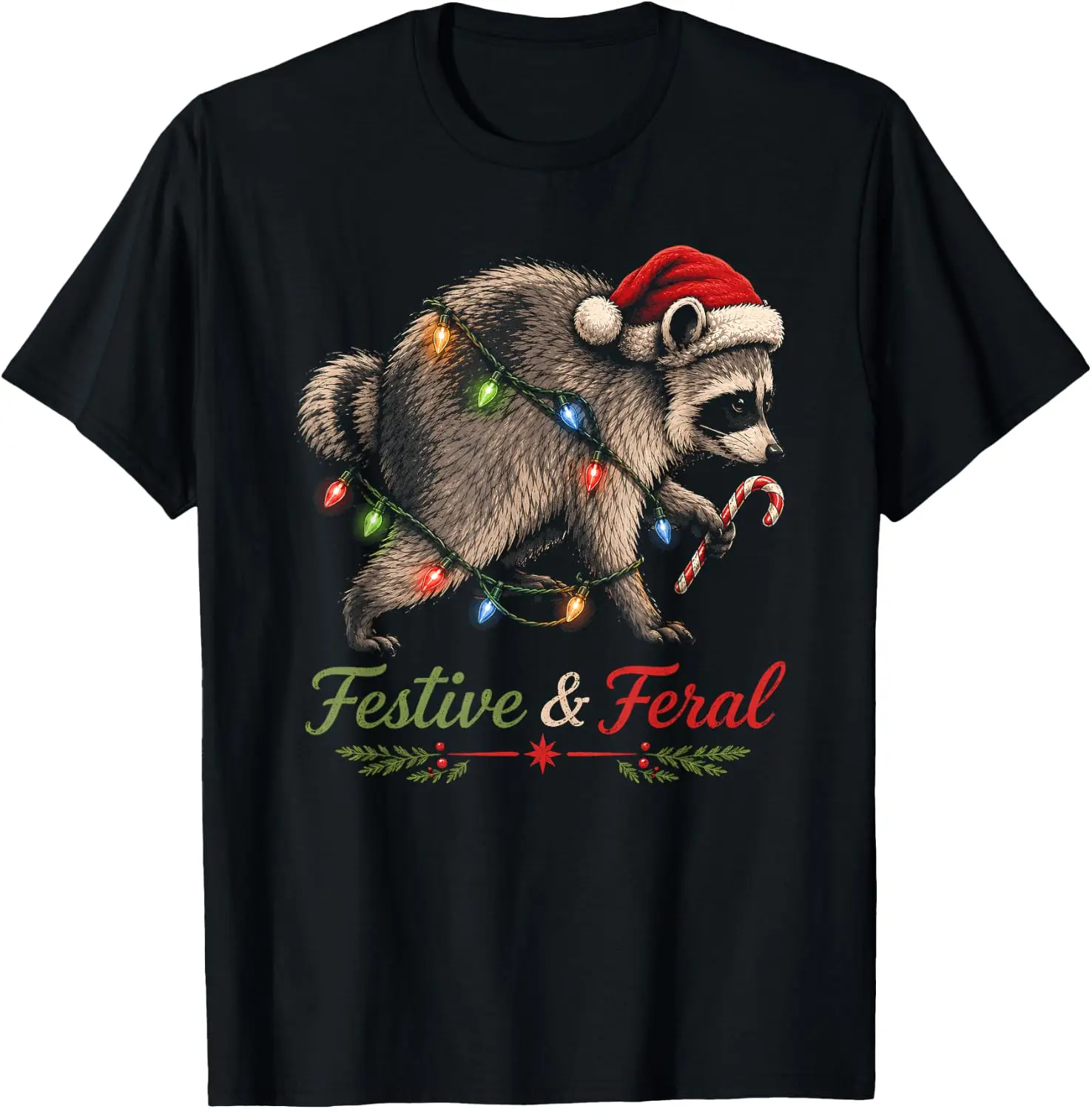 Jimothy Raccoon Festive And Feral Funny Christmas T-Shirt Breathable, heavyweight pure cotton short-sleeve top—stylish, plus-size, and suitable for year-round wear with a sporty, casual vibe