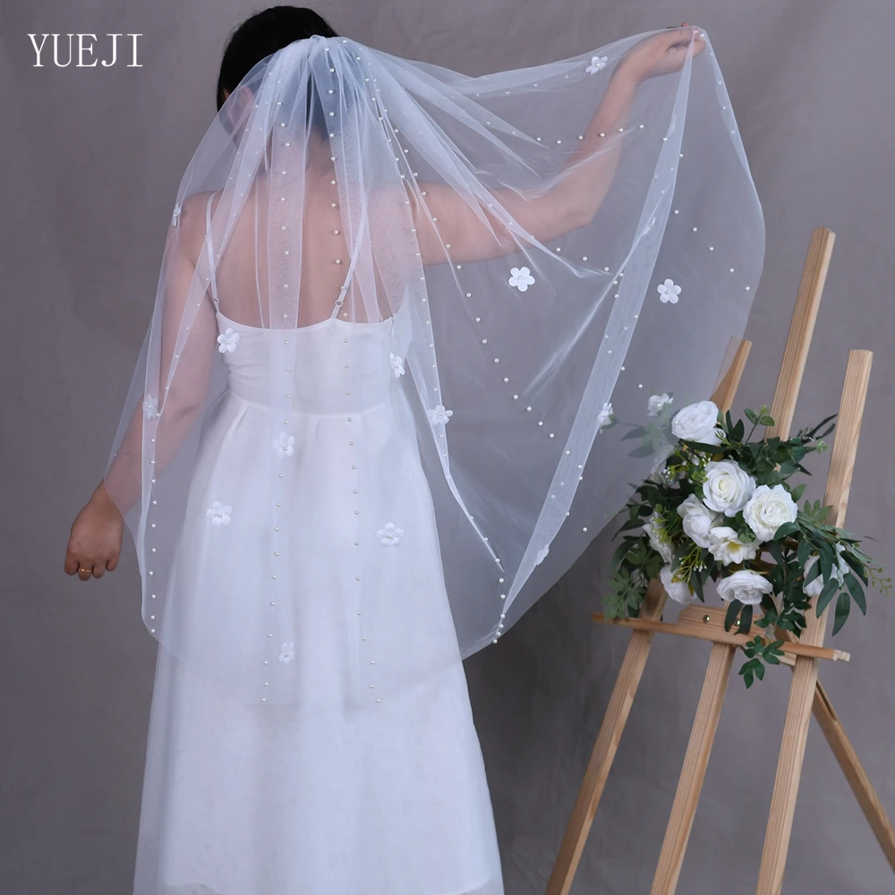 YUEJI-véu único nupcial com pérolas, flor 3D, véu de noiva elegante, Bachelorette De Novia 2024 De Buena Calidad, YJ193