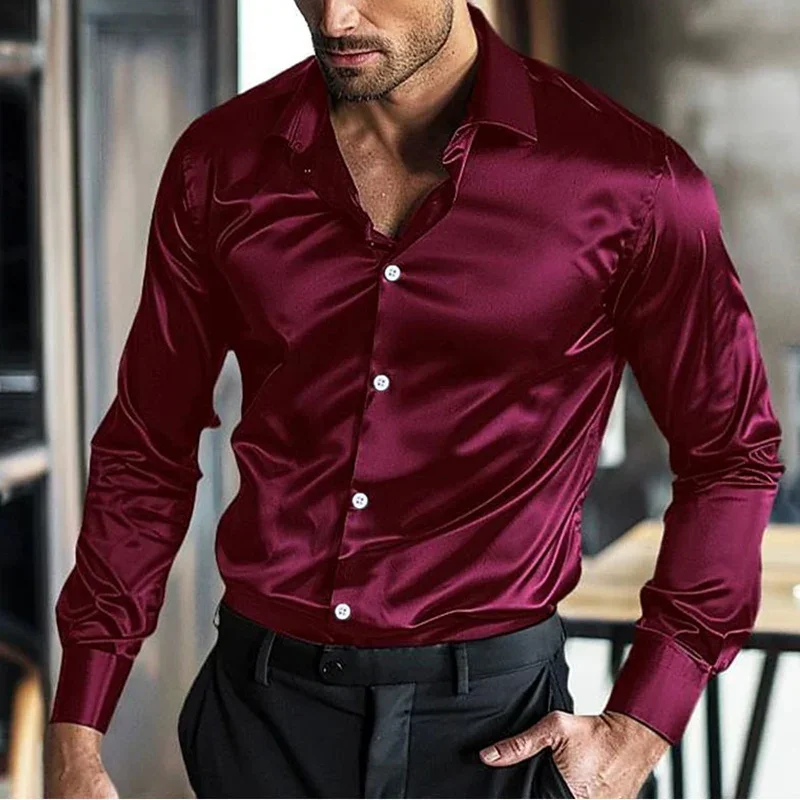 Luxury Long Sleeve Lapel Button T Shirt Streetwear Man 2024 Summer Short Sleeve Shirt for Men Clothing New Fashion Satin Shirts