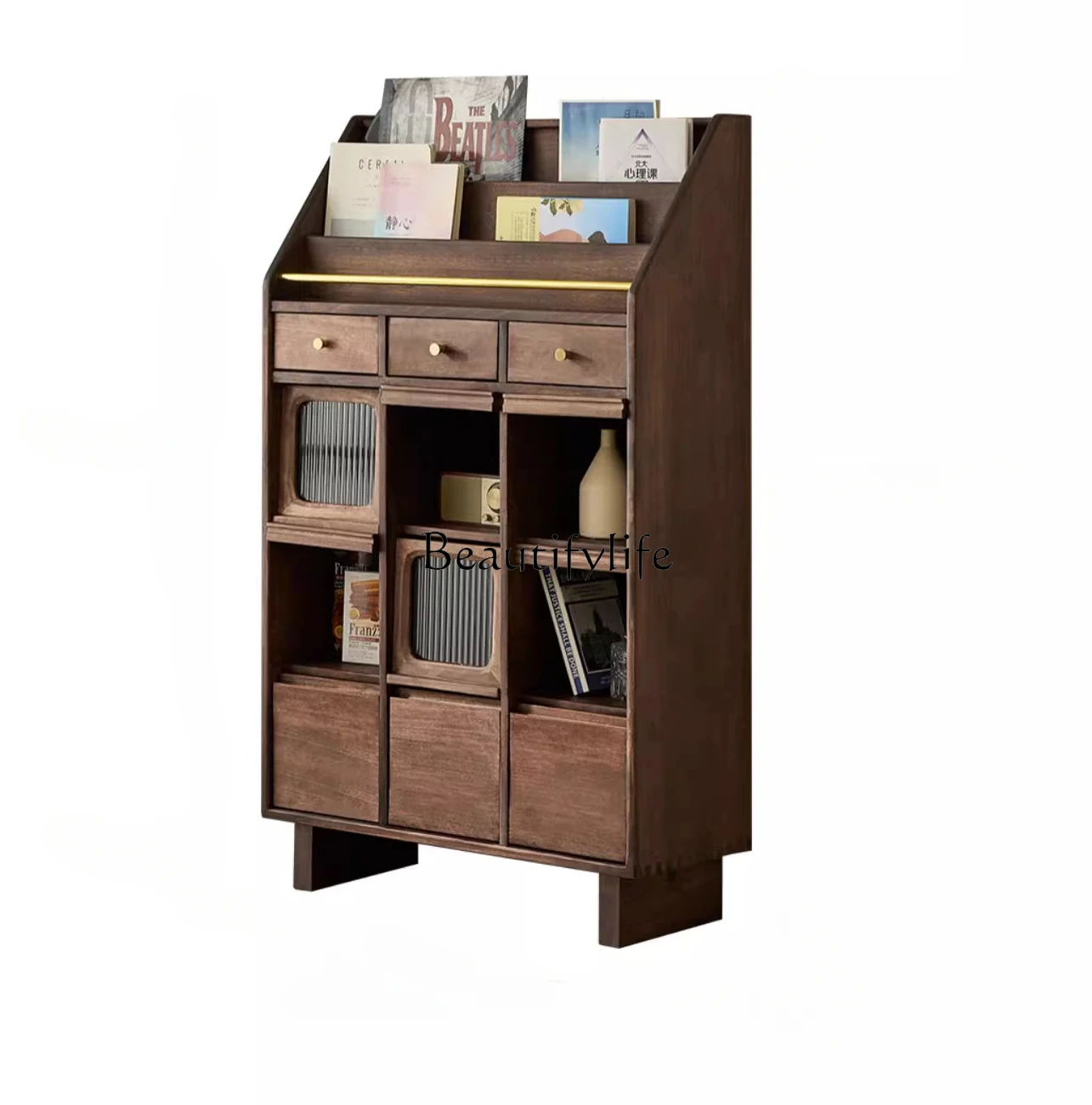 Side cabinet retro solid wood medieval decorative cabinet magazine storage household walnut