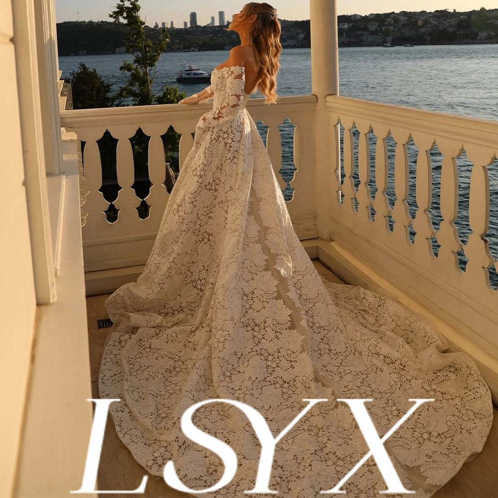 LSYX Robe de mariée personnalisée en dentelle à épaules dénudées avec manches longues, train, design élégant, silhouette intemporelle