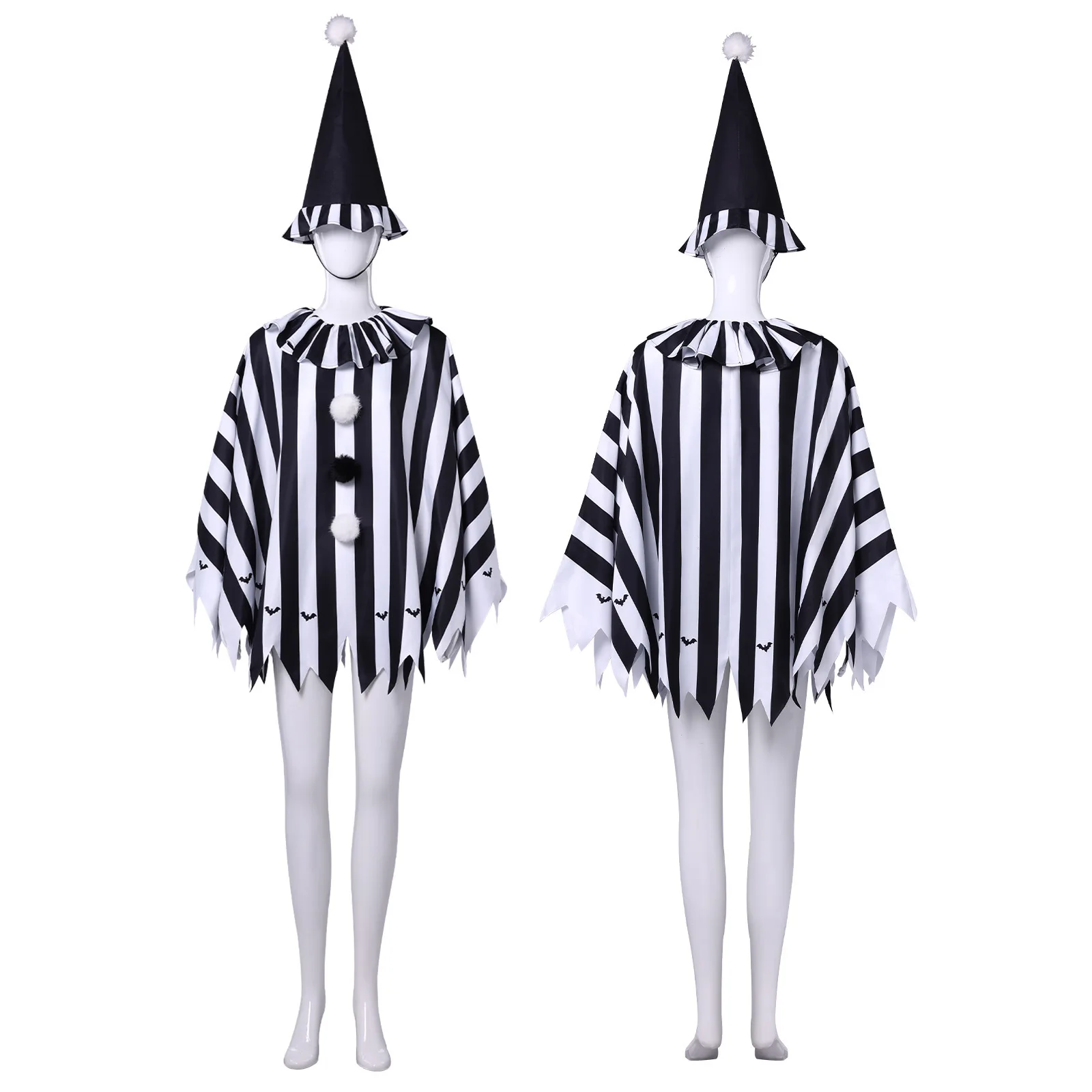 Black White Striped Horror Clown Poncho Costume with Pointed Hat Adult Unisex Clown Outfit Carnival Scary Halloween Costume