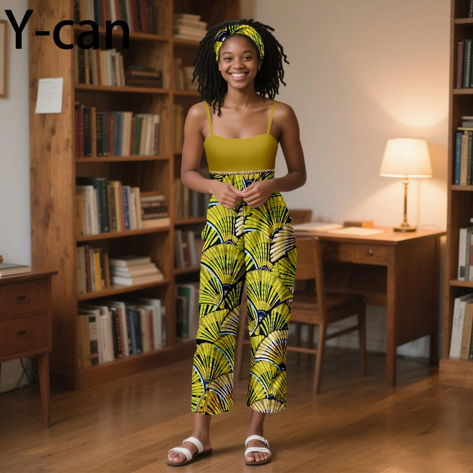 African Women Jumpsuit Halter Patchwork High Waist Calf Length Pants With Headtie Causal Dashiki Ankara Cotton Wax 2529002