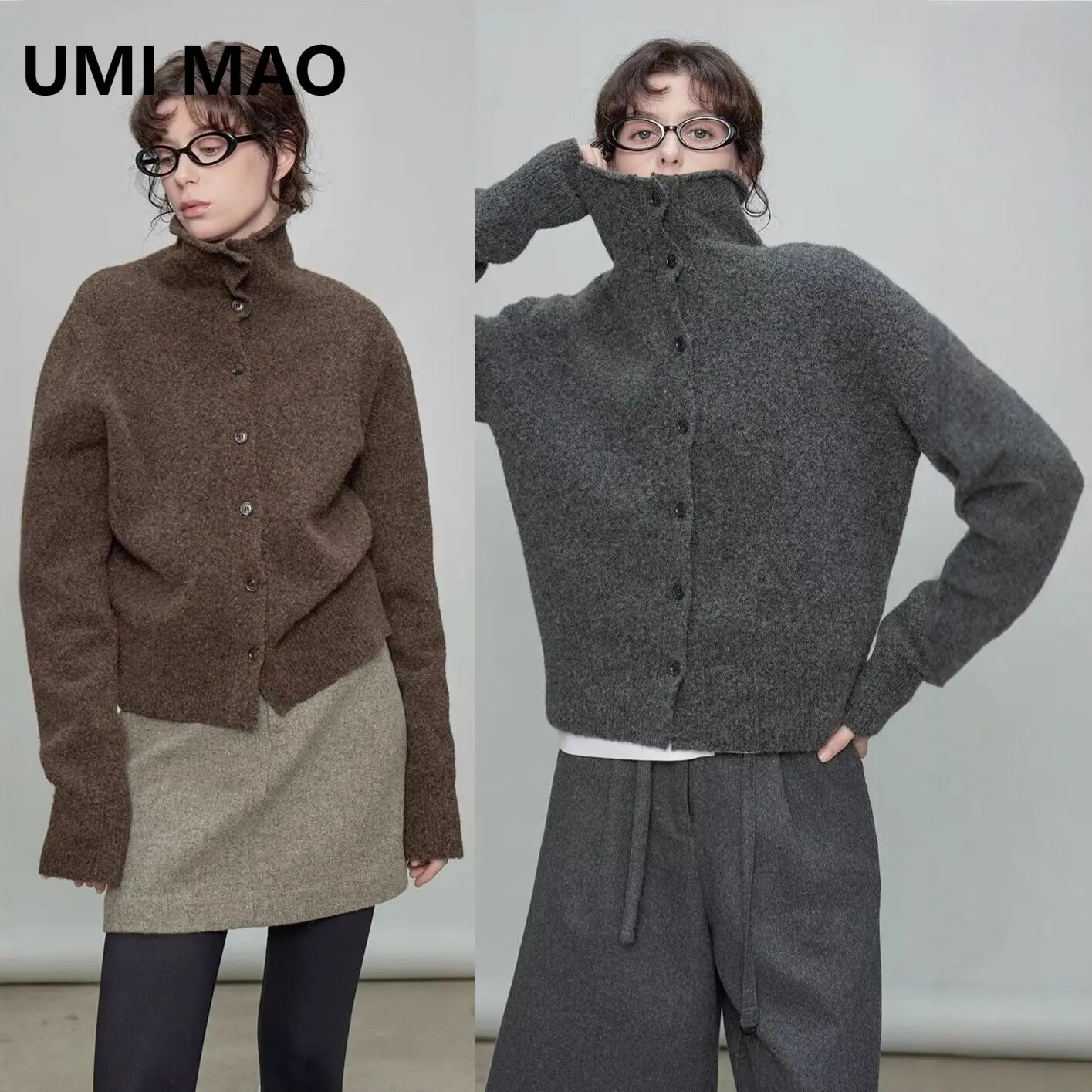 UMI MAO French Niche Light Luxury Gray Coffee Color Knitted Sweater Women New Autumn Loose Fit Elegant Versatile Lazy Style Top