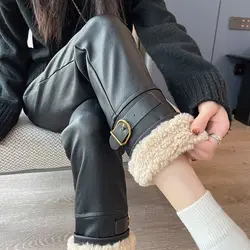 2026 Winter New Women Splicing Thickened Straight High Waisted Slimming Lamb Hair Leather Pants Korean Fashion