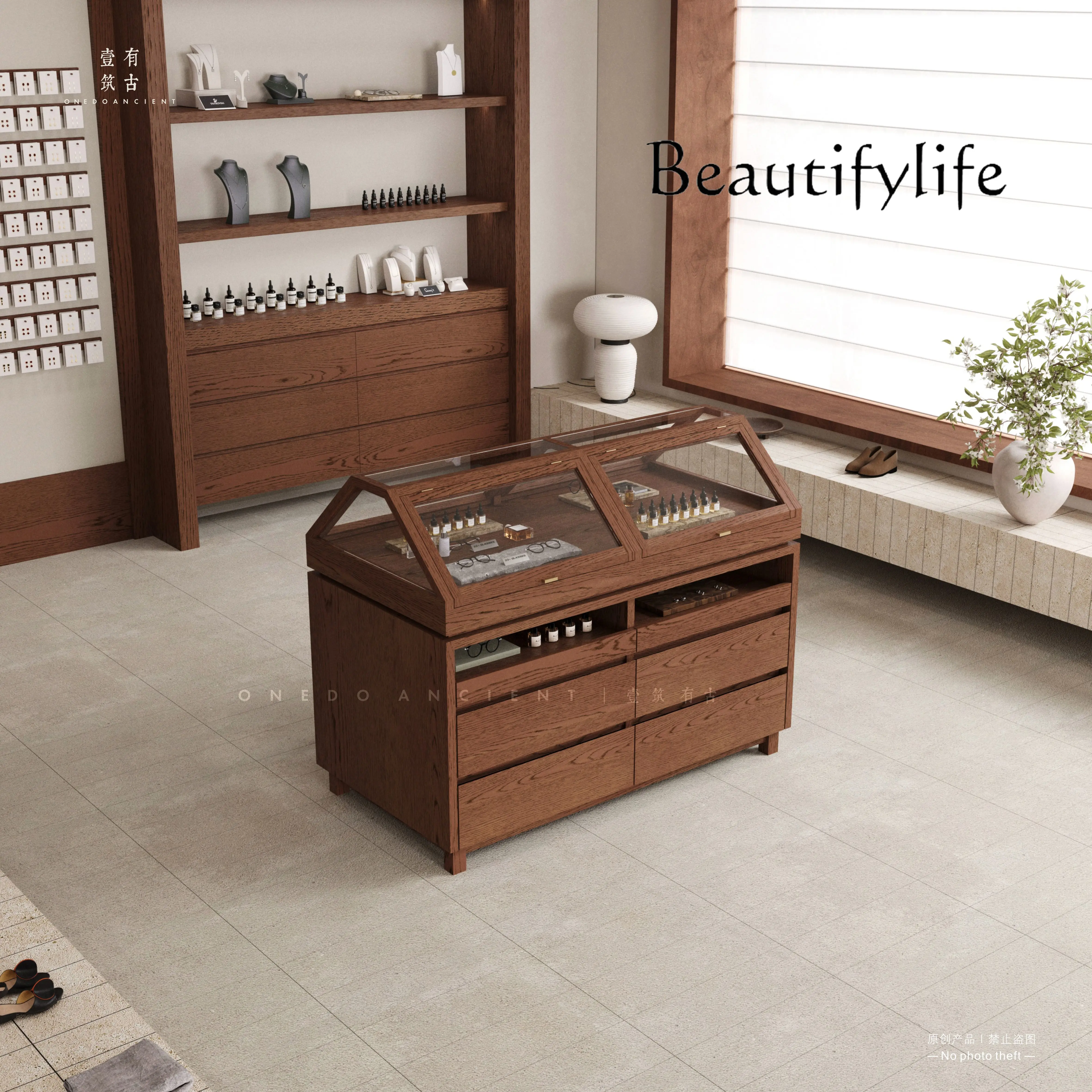 

Retro Display Cabinet Nakajima Glass Cabinet Jewelry Ornament Table Integrated Storage Cabinet