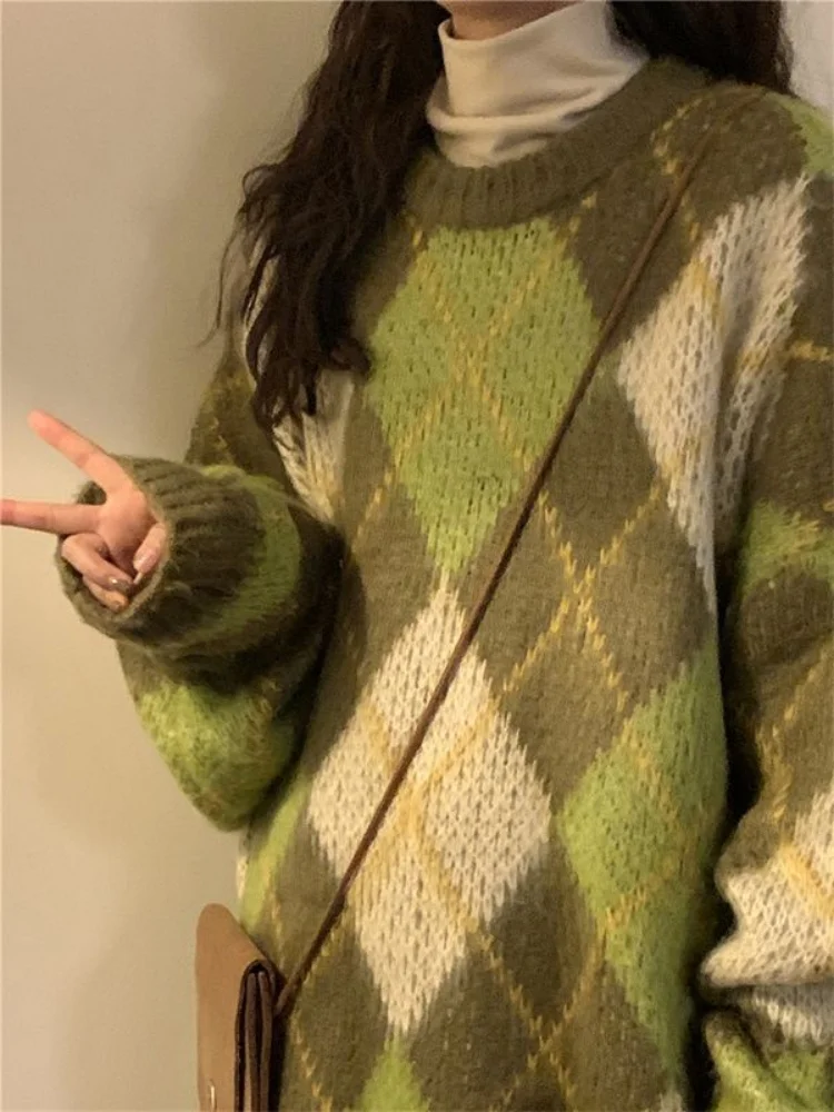 Retro Green Pullovers Women Cozy Minimalist BF Style Autumn Argyle Casual Harajuku Baggy Sweater Long Sleeve All-match Knitwear