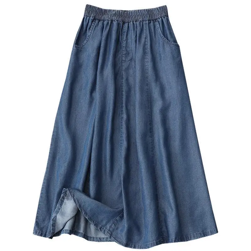 Korean Simplicity A-Line Women\'s Denim Skirt 2023 Thin Loose Casual Elastic High Waist Pockets Skirts Summer Female Clothing