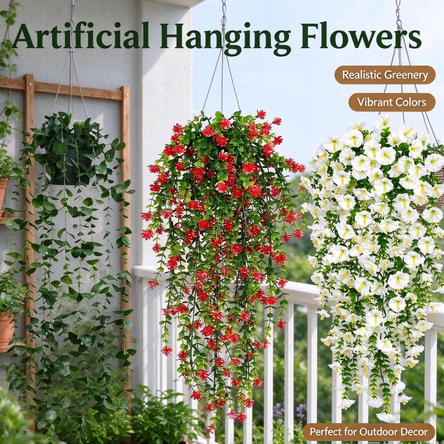 Artificial hanging plant with realistic green foliage; suitable for indoor and outdoor home décor, as well as balcony decoratio