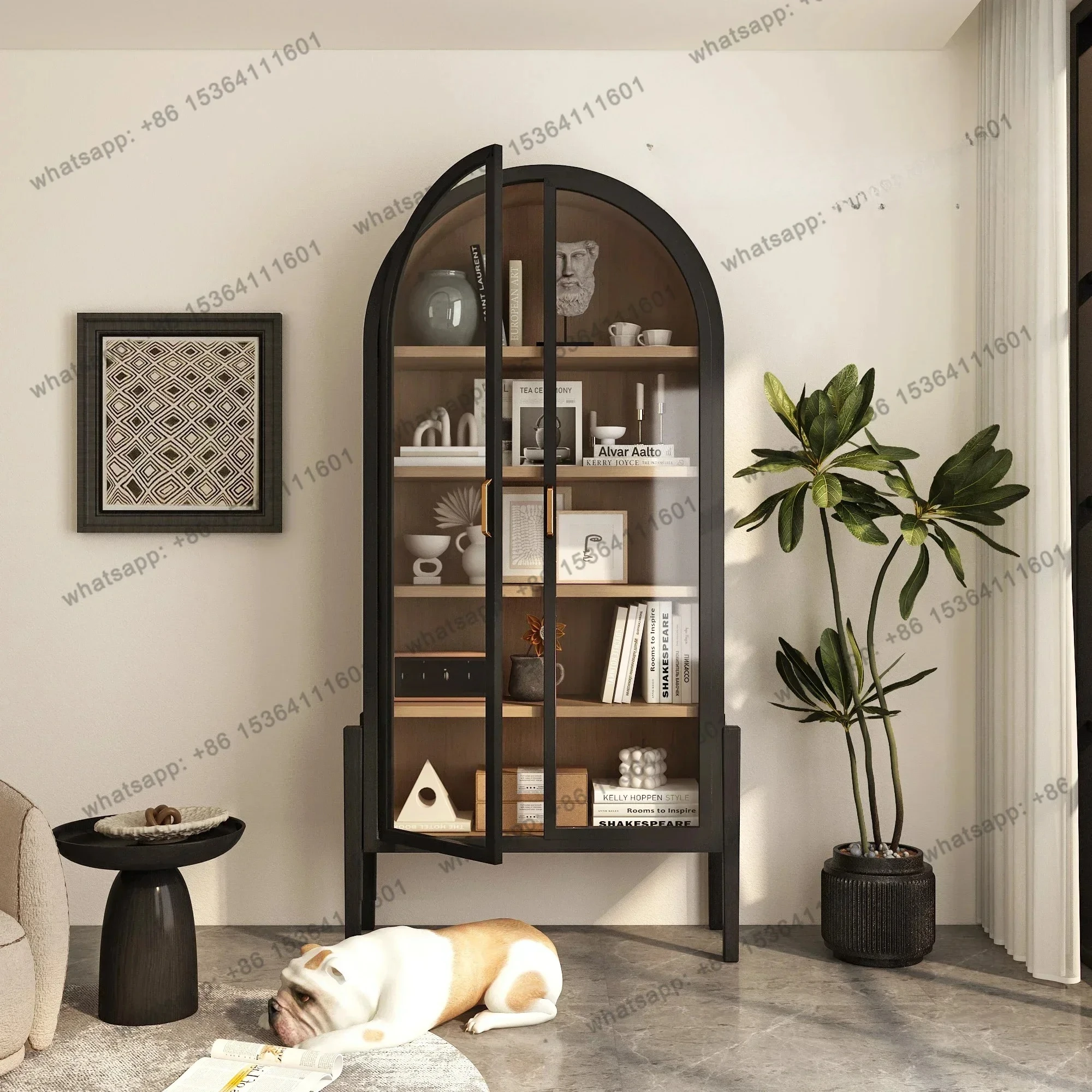 Nordic Solid Wood Arched Storage French Living Room Medieval Wine Cabinet Household Solid Wood With Glass Door Bookcase
