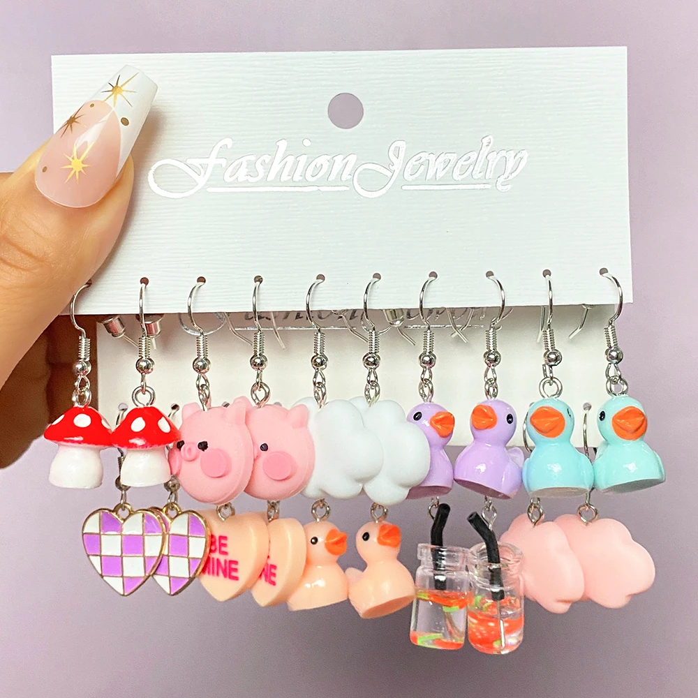 VKME Cute Frog Duck Earrings for Women Geometric Cloud Earrings Pink Cartoon Pig Earring Set Party Kawaii 2022 Trending Jewelry