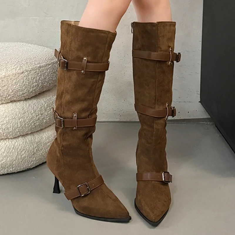 

Sexy High Heels Women's Long Boots Pointed Toe Elegant Fashion Suede Shoes 2025 Pumps New Winter Boots Trend Goth Ladies Boots