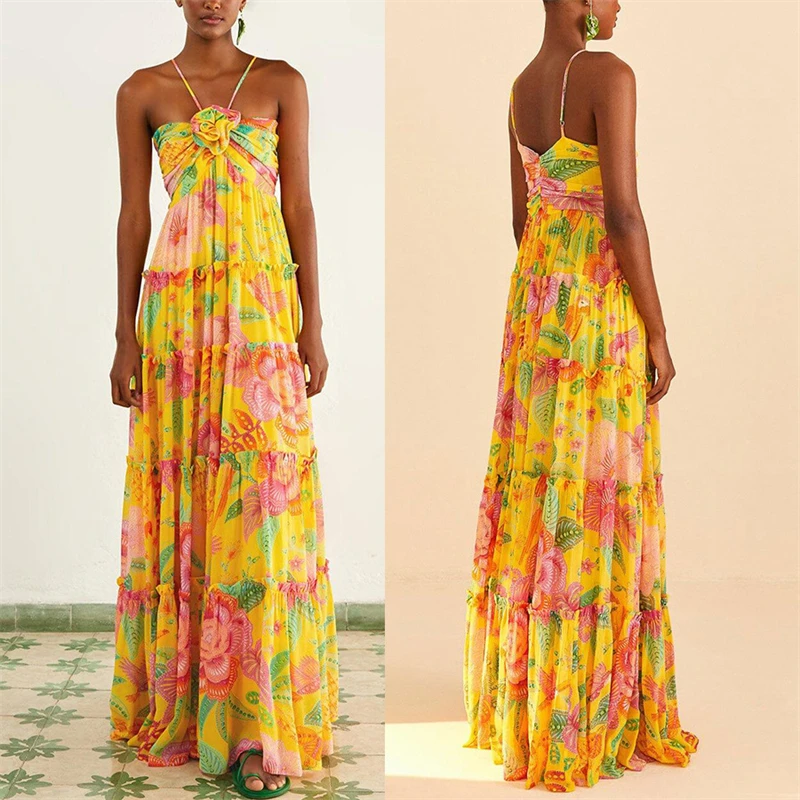 

Women's Long Yellow Printed Dress, Sleeveless, Tube Top, Loose, Hanging Neck, Elegant, Summer, Sexy Fashion Clothing