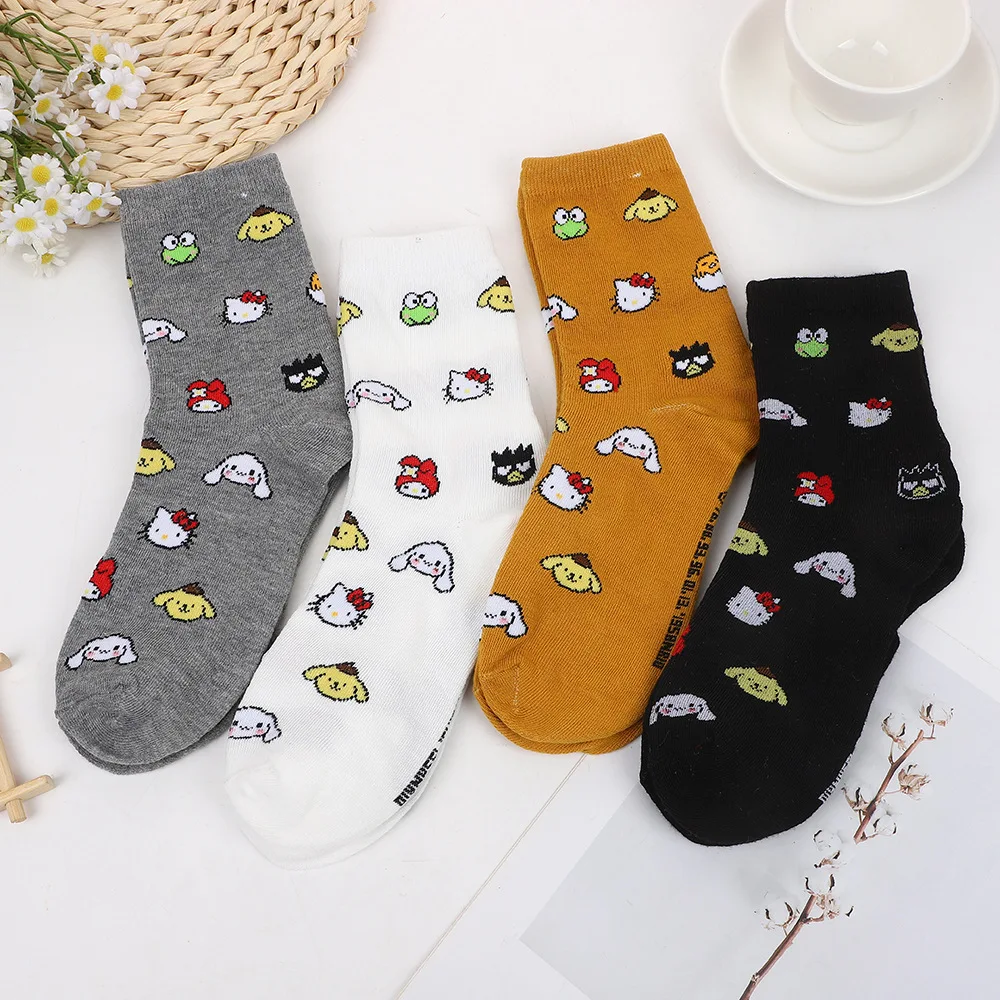 

Милые хлопковые носки Sanrio Family Hello Kitty Cinnamoroll Melody с героями мультфильмов, весенние носки до середины икры для девочек, 4 пары в сумке, подарок для детей
