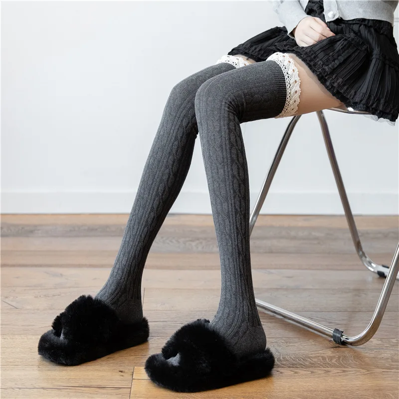 Japanese Style Lace over Knee Socks Thickened Gray Stockings Female Autumn and Winter Jk Black Hemp Pattern Hold-Ups