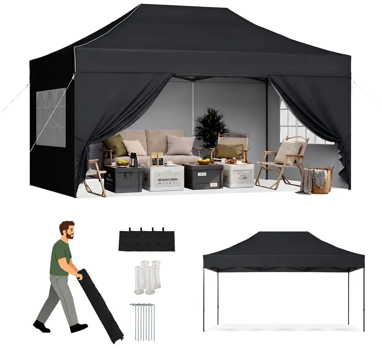 10x10 Pop up Canopy with Sidewalls, Heavy Duty Commercial Instant Shelter with Roller Bag & Sandbags, Easy Setup, Customized