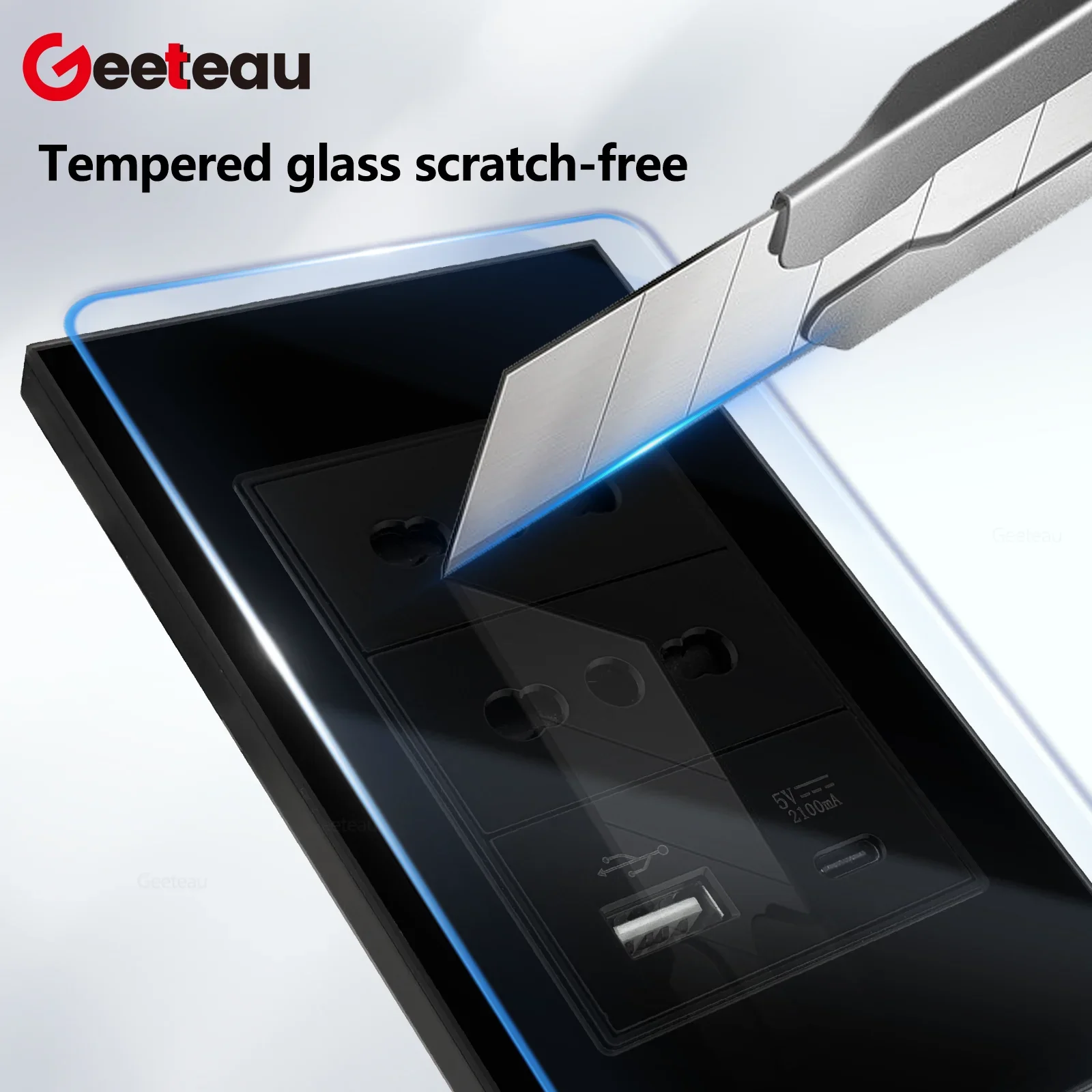 Geeteau Black White 118mm Tempered Glass Panel Italy Chile Standard Double Socket USB Type C 10W Wall Mount Outlet