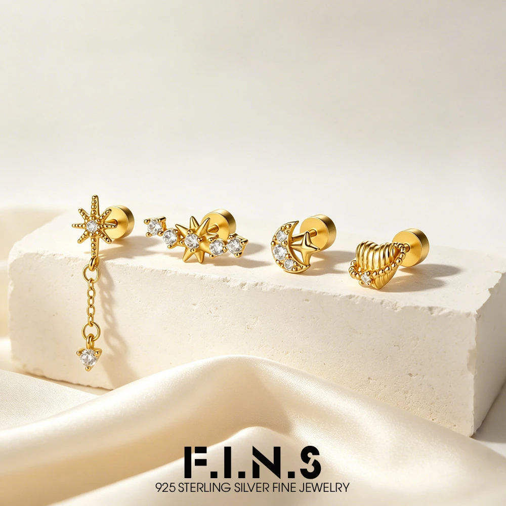 F.I.N.S 1PC S925 Sterling Silver Star Moon Heart Zirconia Stud Earrings for Women Luxurious Stackable Piercing Ear Fine Jewelry