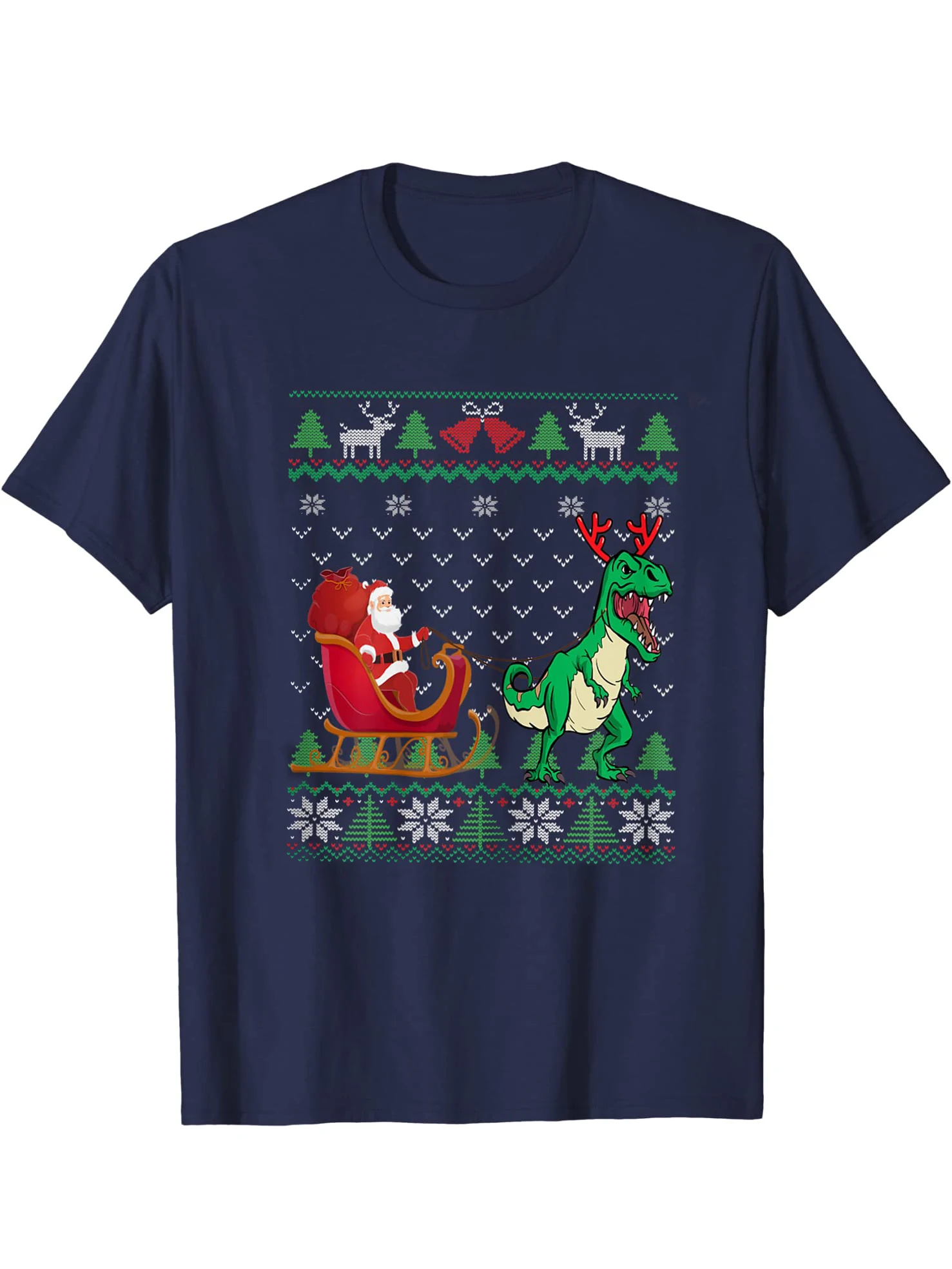 Funny Dinosaur Ugly Christmas Sweater T Rex Pulling Santa's Sleigh T-Shirt 100% Cotton O-Neck Short Sleeve Casual Mens T-shirt image 4