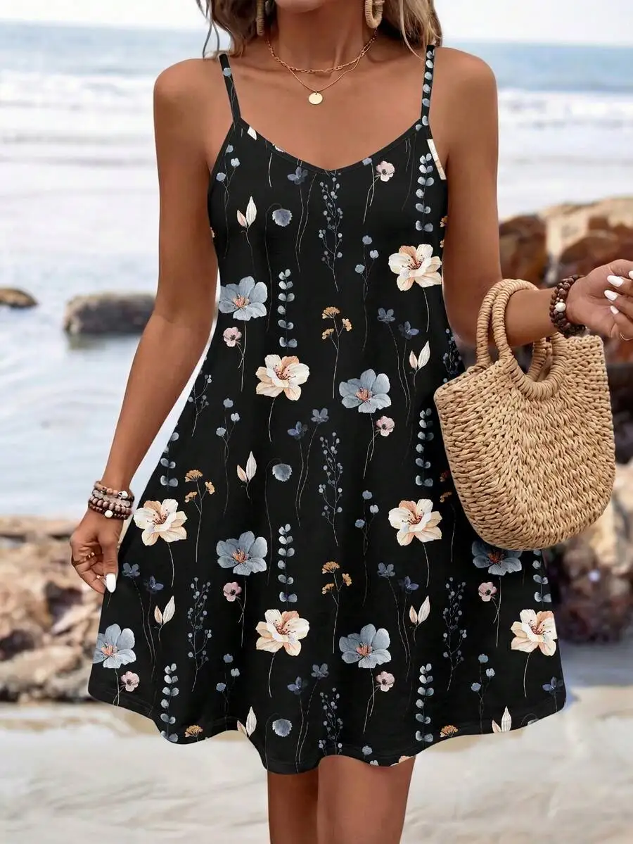

Черное трикотажное мини-платье без рукавов с цветочным принтом для летнего повседневного образа