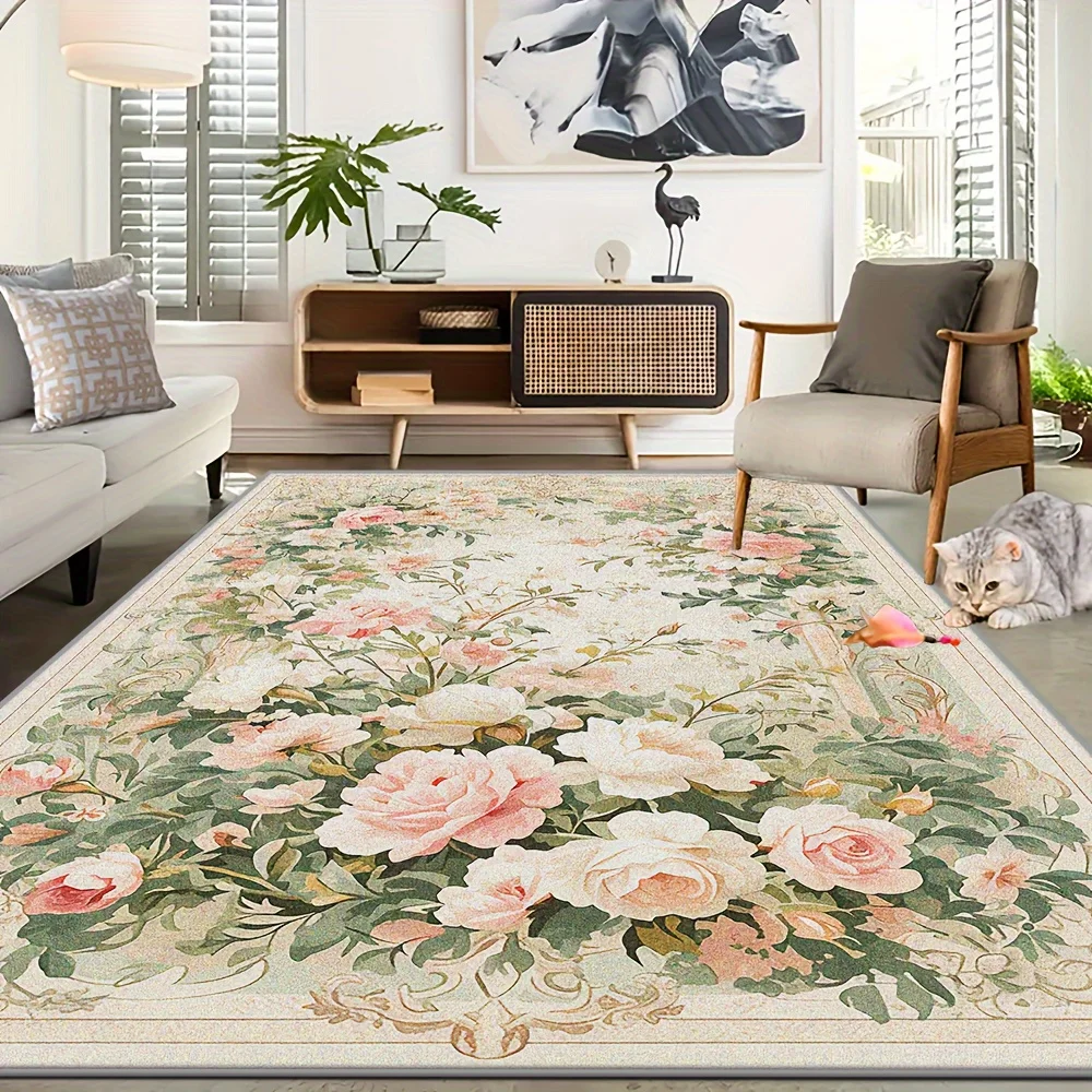 VIKAMA Vintage Rose Floral Area Rug Elegant Pink Flower Border Print Non‑Slip Washable Soft Carpet for Living Room Home Decor