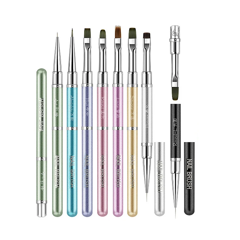 Professional Double End Nail Brush Metal Handle UV Gel Painting Liner Builder Pen Multi‑function DIY Manicure Nail Art Tools