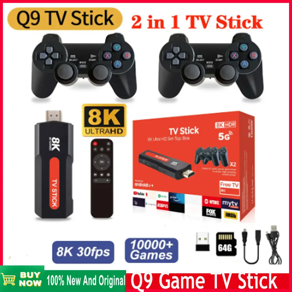 

New Q9 TV Stick 8K Media Player Smart TV Box Android 10 2.4G/5G Wifi HD Output Dual System Game Stick Console 10000 Games 64GB