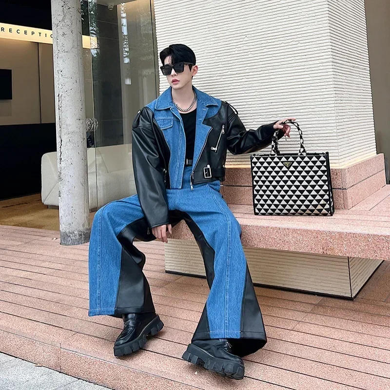 New Fashion Men's Set Niche Design Two-piece Patchwork Suit Denim Leather Spliced Short Jacket Straigt Pants 2023 9C2563