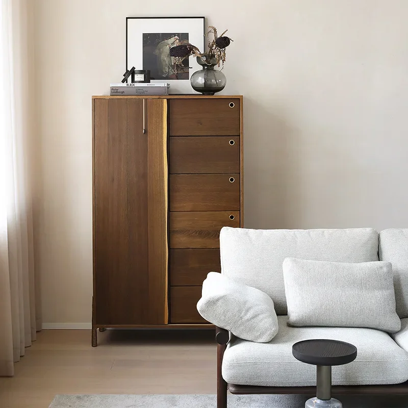 Nordic silent wind ancient solid wood oak sliding door drawer dining side cabinet living room storage locker