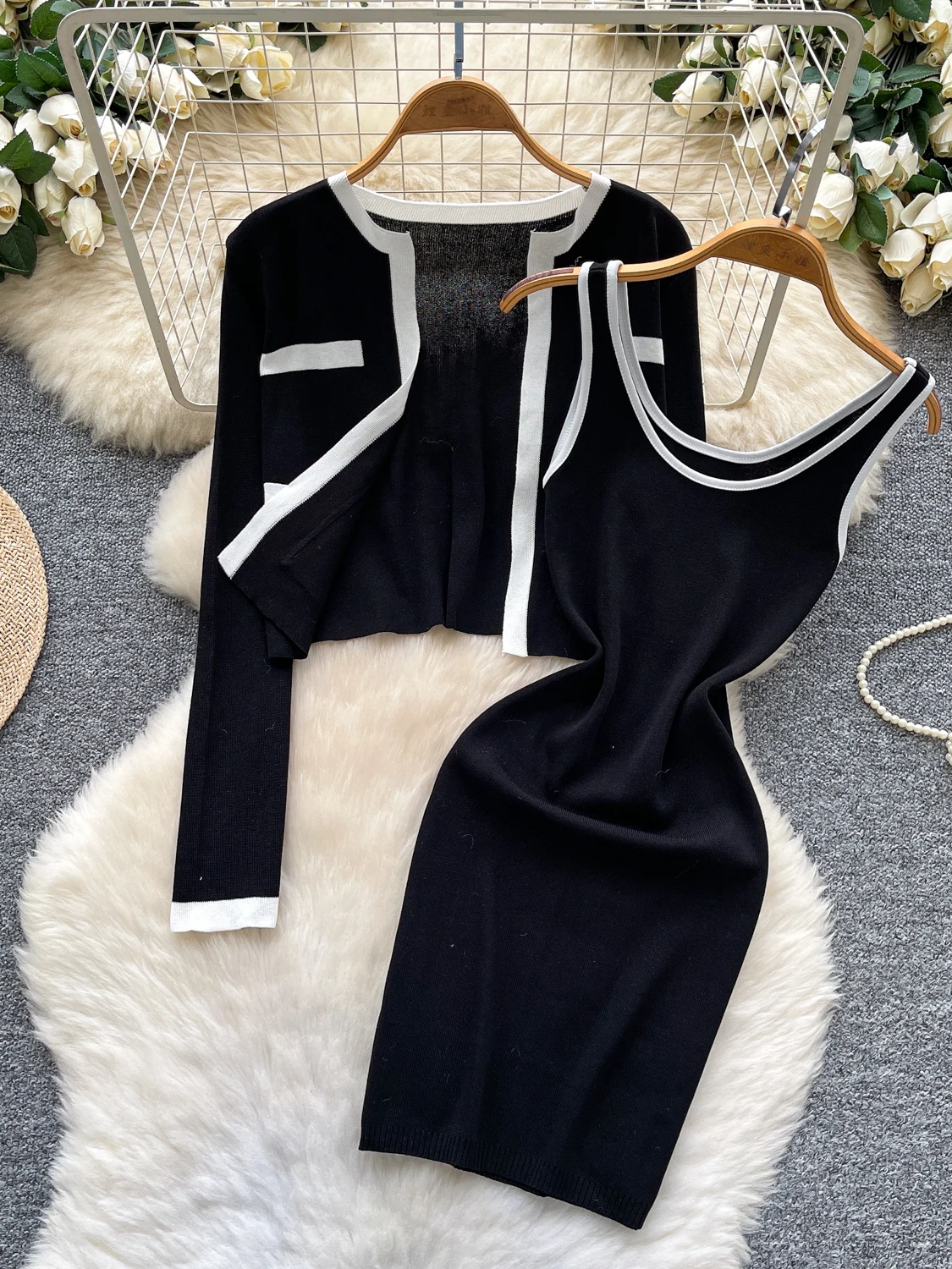 벨트가 있는 니트 롱 스웨터 오픈 가디건 아우터웨어, 하이 웨이스트 스트랩, 드레스 패션 컬러 블록 여성 세트