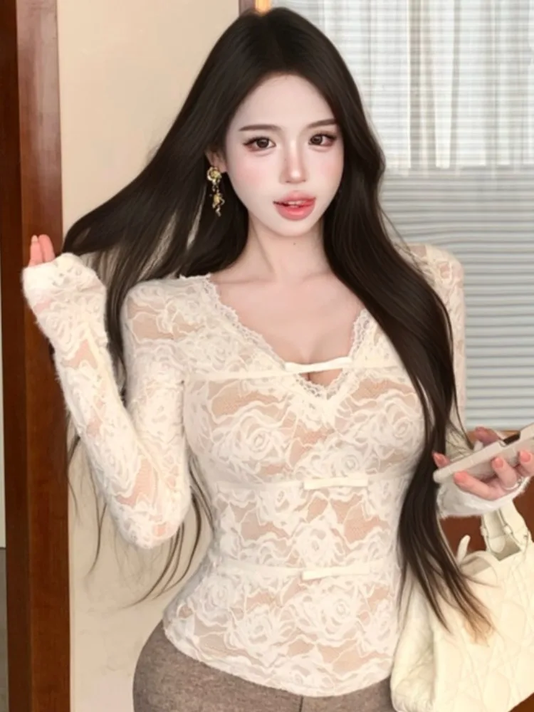 

Pure Desire Sexy Deep V-neck Waist-cinching Long Sleeve T-shirt Women's Spring Autumn Spicy Lace Underwear Top