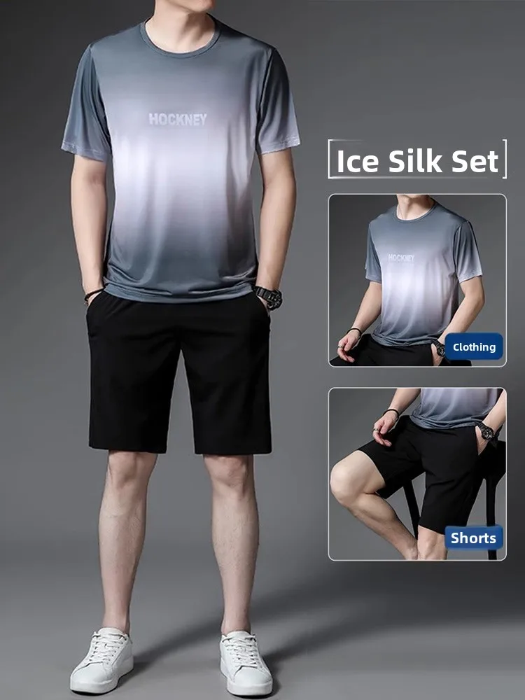 

Мужской летний повседневный комплект из ледяного шелка: модная легкая футболка и шорты для бега, смесовая ткань из полиэстера