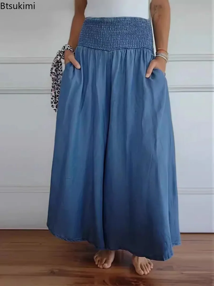 

New 2025 Women's Spring Summer Casual Loose Wide Leg Pants Solid Color High Waist with Pocket Solid Long Pants Female Trousers