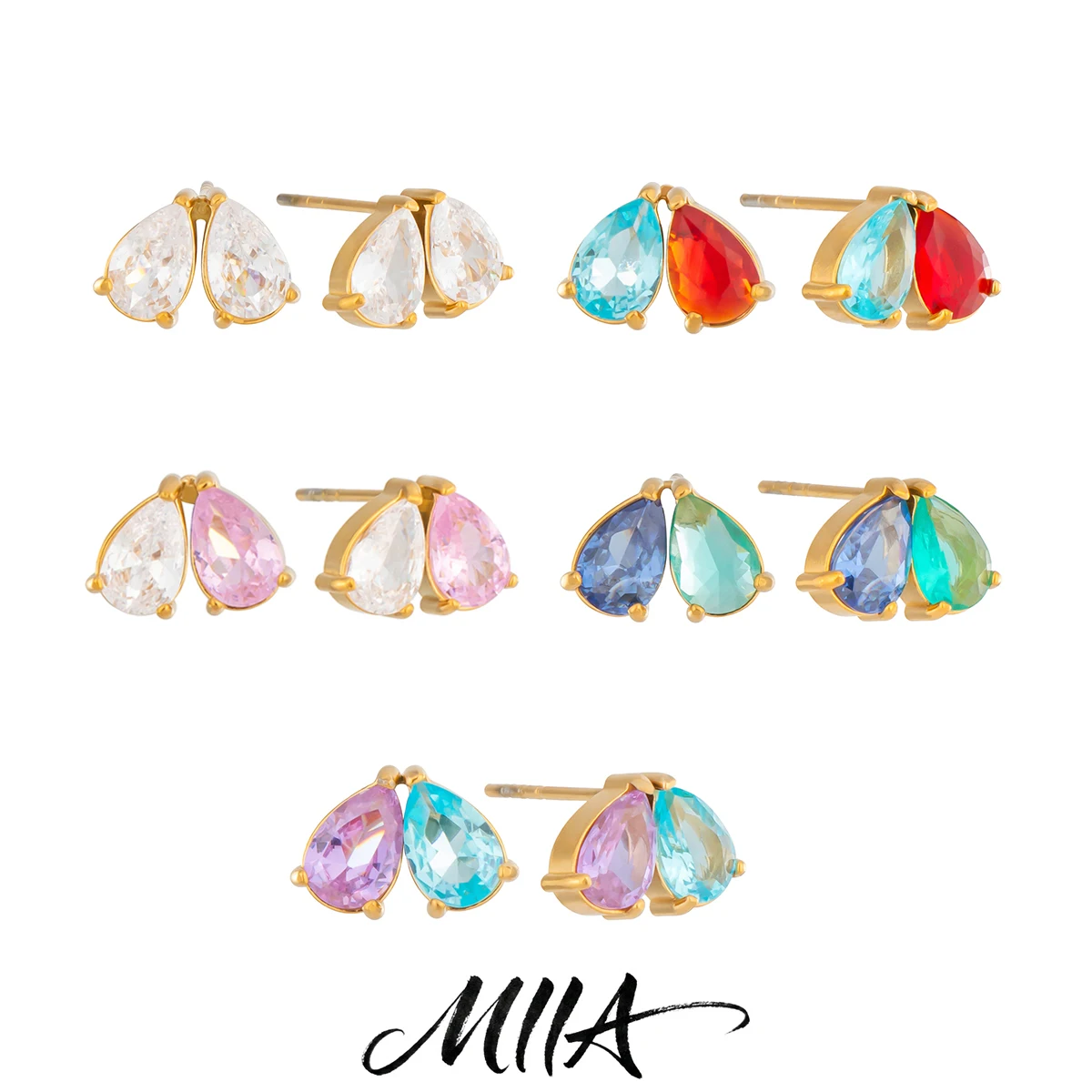 Miia Jewelry 18K Gold Stainless Steel Double Teardrop CZ Stud Earrings Stackable Daily Women Color Zircon Earrings
