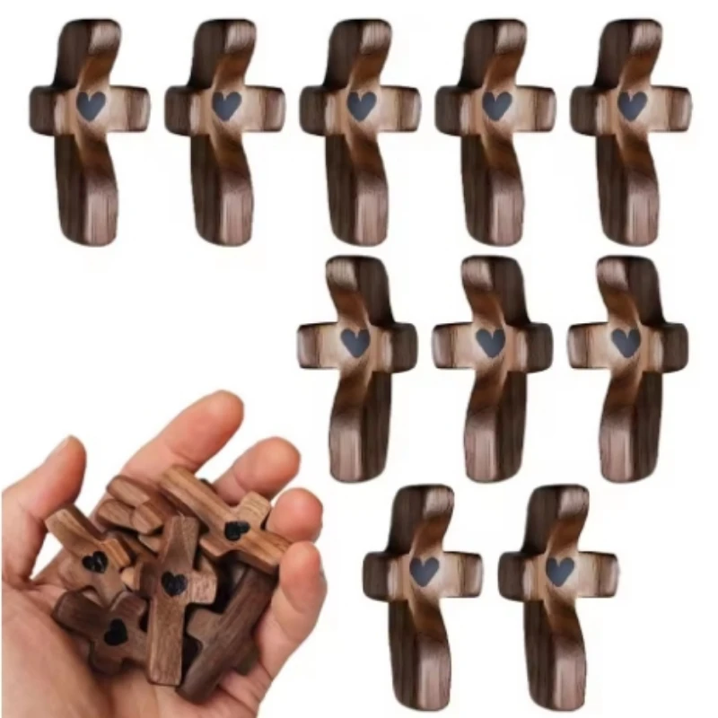 [Handheld Cross with Heart Cutout] Wooden Pocket Cross with Heart Cutout, Stress Relief Handheld Cross, Encouragement Gift for C