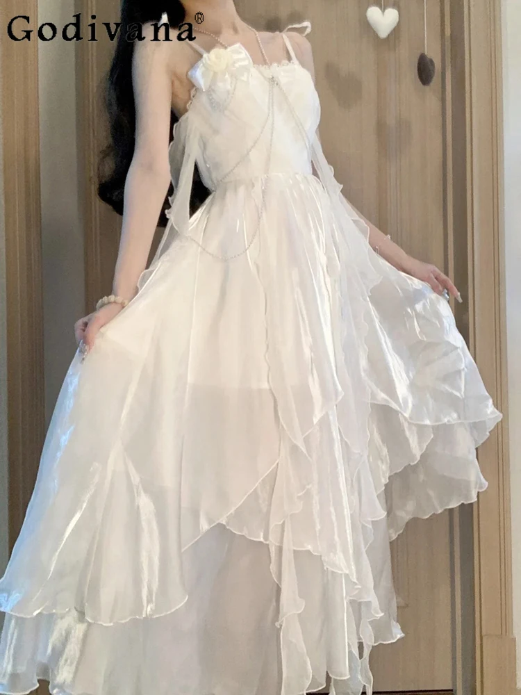 

Korean Gentle Temperament Lady Suspender Long Dress Birthday Party Bar Mitzvah High Sense Seaside Vacation Style White Jsk Dress
