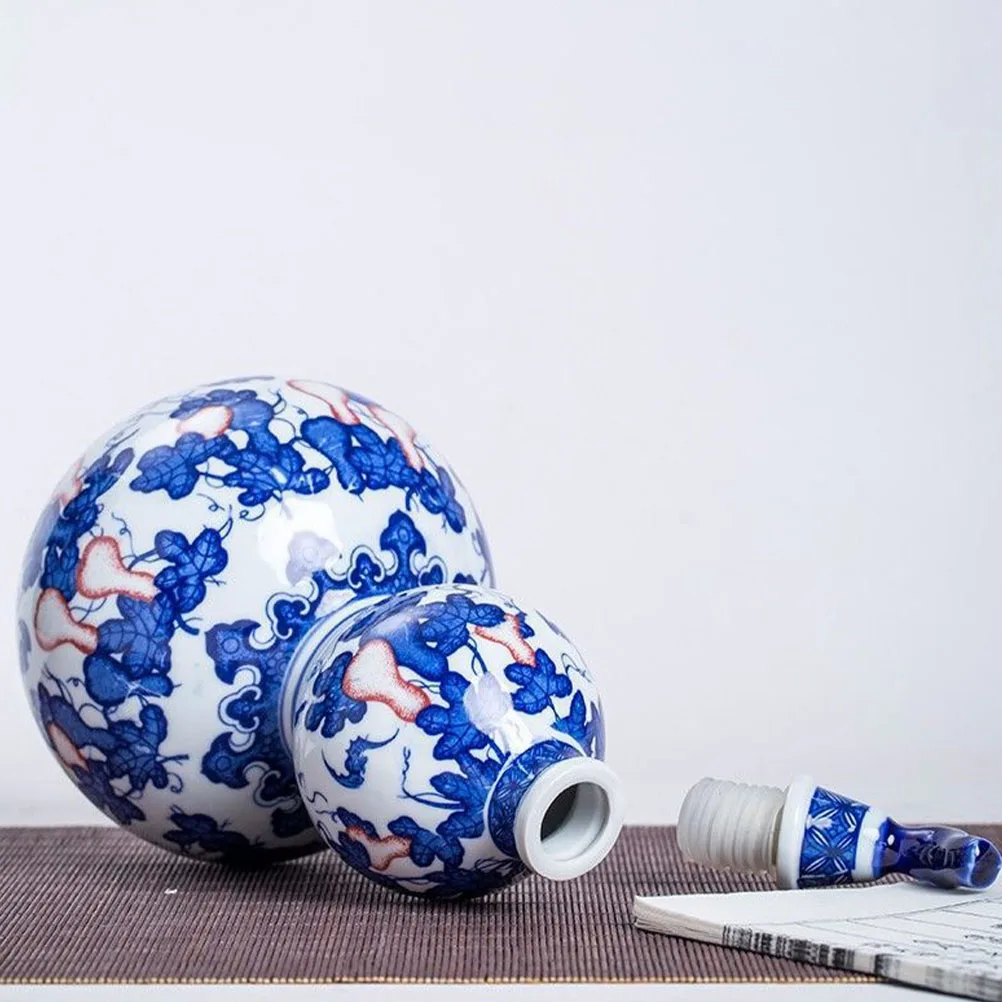 

Ceramic Gourd Design Wine Jar Vintage Blue and White Sealed Storage Container Smooth Surface Home Bar Decor Gift