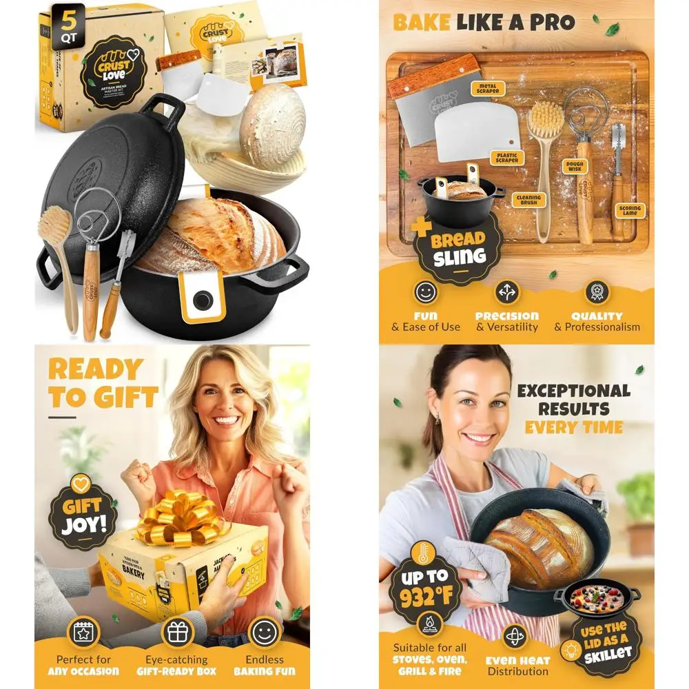 

"5-Quart Cast Iron Dutch Oven for Bread Baking with Sourdough Supplies Including Banneton Bread-Proofing Basket"